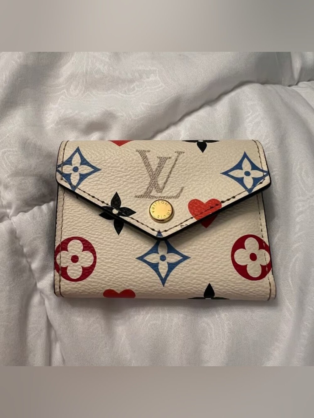 Louis Vuitton White Monogram Heart Trifold Wallet with Red and Blue Accents